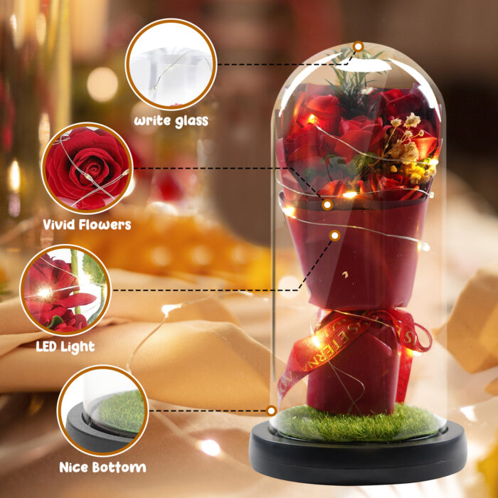 Romantic Preserved Rose Flower in Glass Dome with LED Light - Image 2