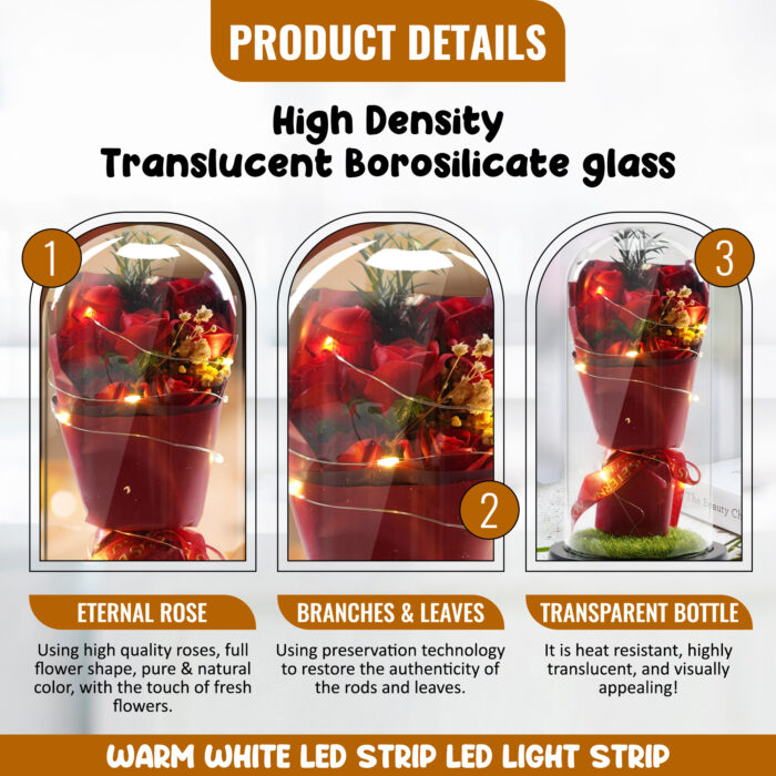 Romantic Preserved Rose Flower in Glass Dome with LED Light - Image 6