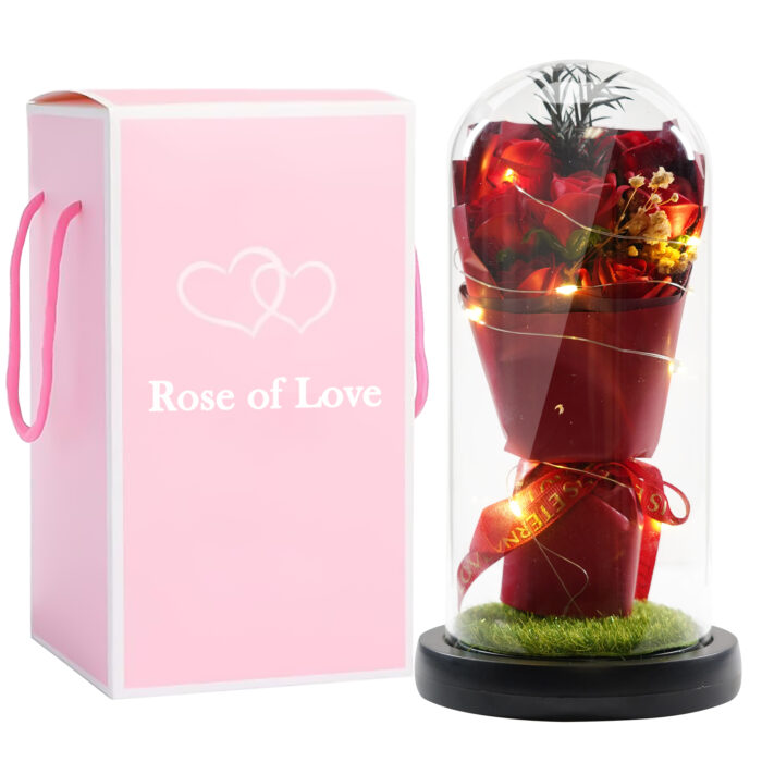 Romantic Preserved Rose Flower in Glass Dome with LED Light